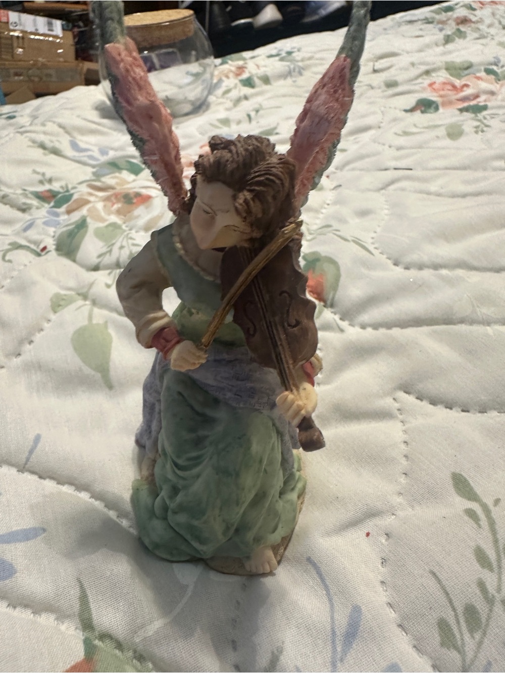 Hand-Painted Fairy Set Figurines Sculpture in Green with Pink Wings